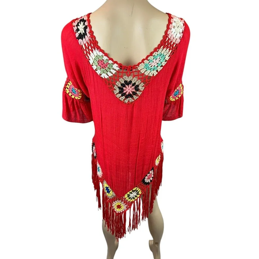 Dasayo Boho V-Neck Red Crochet Trim Swim Cover-up Size M Boho Grandmacore
